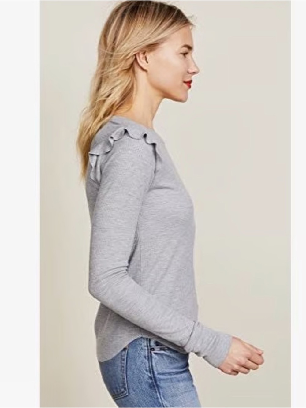 Wildfox Gray Ruffle-Shoulder Ribbed Long Sleeve Top - Picture 2 of 15